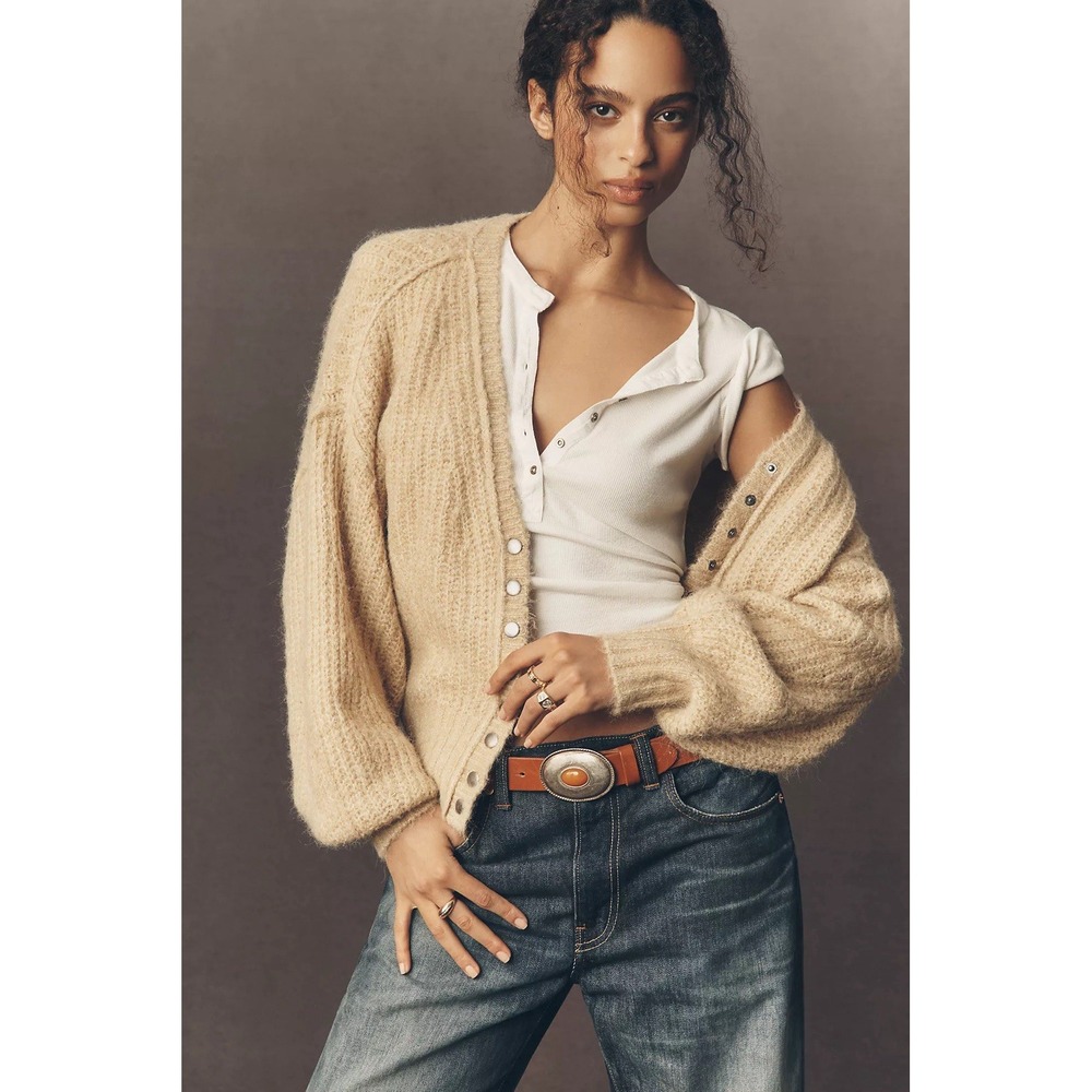 NEW Pilcro Anthropologie Cozy Rib V-Neck Cardigan Sweater S Tan Wool Crop Chunky